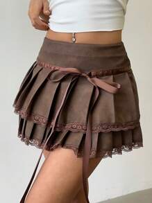 Aloruh 女士性感蕾丝拼布复古皮革褶皱迷你裙 - 棕色 - 查看 9