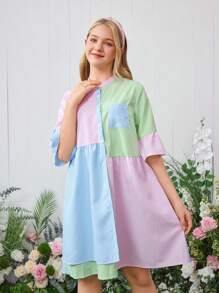 Teenage Girls' Colorblock Striped Patchwork Stand Collar Ruffle Sleeve Casual Dress