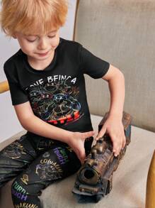 TEENAGE MUTANT NINJA TURTLES | SHEIN Young Boy Fashionable Glow-In-The-Dark Full Print Turtle Pattern Knitted Snug Fit Pajama Set - Black - View 4