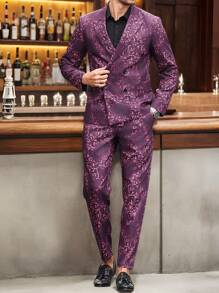 Manfinity AFTRDRK 男士华丽派对渐变仿金印花西装，不对称图案全印花，尖头翻领设计，前扣长袖，口袋简约上衣和长裤套装 - 酒紅色 - 查看 1