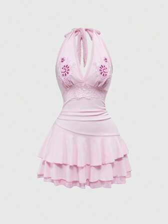 Kawaii Vestido mini con panel de encaje bordado con flores y detalle de atar en la parte delantera, para vacaciones en la playa, para mujer