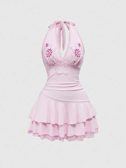 Kawaii Abito mini con pannelli in pizzo ricamato a fiori, stringato davanti, adatto per vacanze al mare, per donne