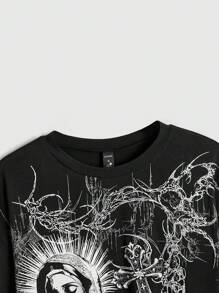 ROMWE Grunge Punk Áo thun rộng in hình Đức Mẹ Đồng Trinh Cybersigilism của Y3K Street - màu đen - Xem 3