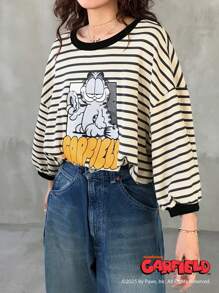 Garfield X FRIFUL Women Striped Letter Print Short Sleeve T-Shirt, Summer Casual Wear Top Cute Tops Oversized T-Shirt,Graphic Tees Long Sleeve - Khaki - View 2