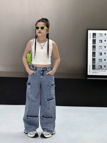 Tween Girl Y2K Casual All-Match Versatile Personalized Sweet Chic Multi-Pocket Design Soft Washed Loose Straight Leg Jeans, Hot Spring/Summer 2025 Collection Suitable For Everyday Wear - Medium Wash - View 4
