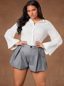 Hauture Pantalones cortos de mujer de talla grande de color gris sólido plisado, con cintura elástica en la espalda, para uso casual y de oficina, para mujeres, uso diario, estilo "Old Money" - Gris - Ver 4