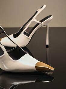 SHUZIA 女士金色装饰方头尖头细高跟鞋单后绑带派对性感优雅哑光漆皮高跟鞋 - 米色 - 查看 5