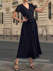 SHEIN Clasi Elegant Women's Black Hot Stamping Pleated Jumpsuit, With A Folded Waistband And Drawstring At The Front, Suitable For Various Occasions - Black - View 2