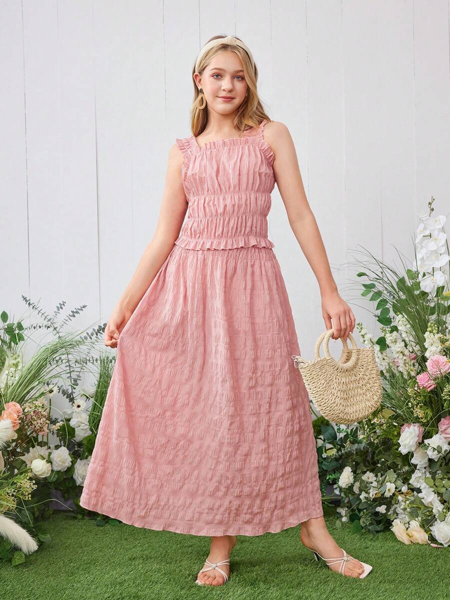 2 件套青少年女孩夏季休闲格纹荷叶边吊带上衣和简约 A 字裙 - 粉色 - 查看 1