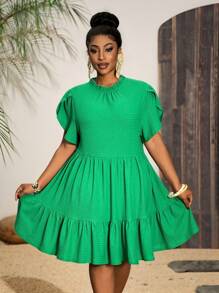 Slaydiva Nuevo vestido verde casual y minimalista con estilo versátil y sencillo, con cuello en V, volantes y parches, corte ajustado y suelto, estilo línea A, adecuado para primavera/verano - Verde - Ver 4