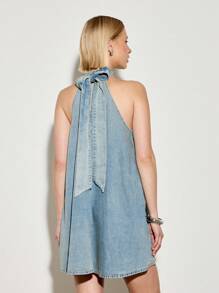 AiiRZ Vestido de denim de corte evasé sin mangas con cuello halter, lavado vintage, estilo mini, de fiesta, casual y de calle, prenda de moda