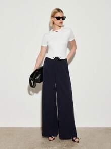 AiiRZ Elegant Wide Leg Dress Pants Professional Office Work Trousers Business Formal Career Classic High Rise Palazzo Evening Wear Sophisticated Spring Summer Suit Pants - Blue - View 3