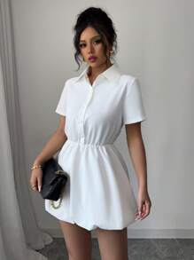 Elenzga Women Solid Color Short Sleeve Casual Shirt Dress, Mini Length - White - View 4