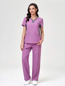 TaskEZ Scrub Uniform Set, Solid Color Short Sleeve T-Shirt & Pants, Minimalist Casual Everyday Wear