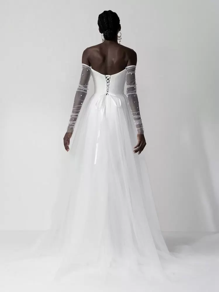 Elitara Elegant Luxurious Bubble Bead Design Long Sleeve Jacket With Detachable Mesh, Ruffled Mermaid Maxi Draped Train Wedding Dress, Suitable For Wedding, Party, Prom, Honeymoon,Bride - Beige - View 4