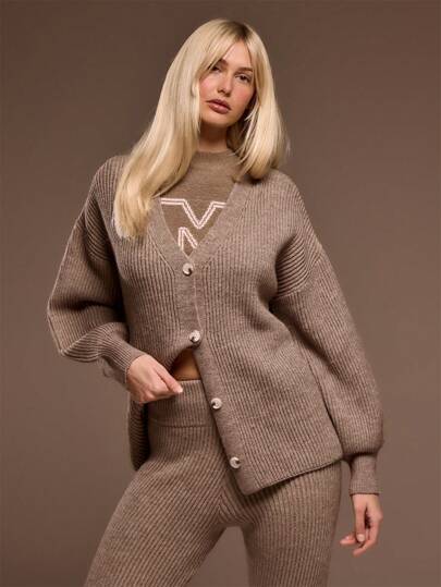 MUSERA 超大款V领罗纹针织纽扣灯笼袖开衫，仅限春夏穿着，可爱又优雅，适合机场、晚宴、派对等场合。