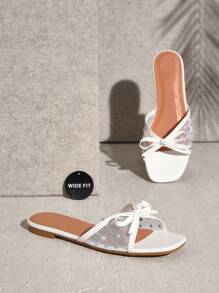 SHUZIA 女士时尚舒适系带蝴蝶结网面平底凉鞋 母亲节礼物 情人节礼物 宽楦 - 白色 - 查看 3