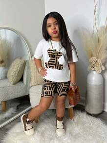 年轻女孩休闲街头时尚熊图案 T 恤和几何印花短裤 2 件套 - 彩色 - 查看 3