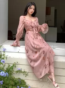 DAZY Đầm midi dáng ôm bằng chiffon in họa tiết hoa hồng, thắt eo xoắn, có bèo nhún, thích hợp cho nữ, kiểu dáng mùa thu, tay dài, trang phục đi nghỉ mát, lễ Phục sinh. - Hồng - Xem 15