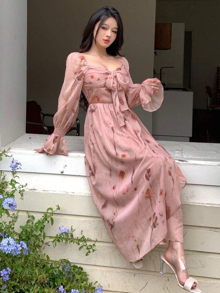 Rose Floral Print Chiffon Twist Tie Waist Midi Dress, Body-Fitting For Women,Ruffle,Fall Dress Long Sleeve Dress Vacation Outfits Women Easter Boho