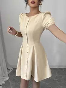 Elenzga Rochie casual, simplă, de culoare solidă, cu mâneci bufante - Caisă - Vizualizare 6