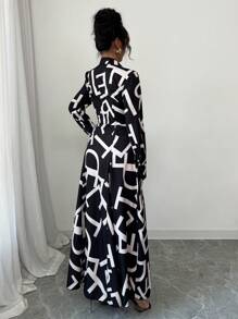 Elenzga Đầm Maxi Họa Tiết Hoa Tay Dài Ve Áo Thắt Eo Thanh Lịch Cho Nữ Đi Làm Thời Trang Quyến Rũ Kỳ Nghỉ Thường Ngày (Họa Tiết Hoa Ngẫu Nhiên) - màu đen - Xem 2