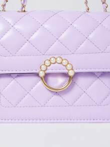 Fashionable Embroidery Thread Small Square Bag With Pearl Chain Strap, Mini Flap Shoulder & Crossbody Bag For Women - Purple - View 4