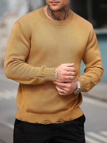 Manfinity Homme Men's Solid Color Crew Neck Long Sleeve Casual Pullover Sweater - Brown - View 1