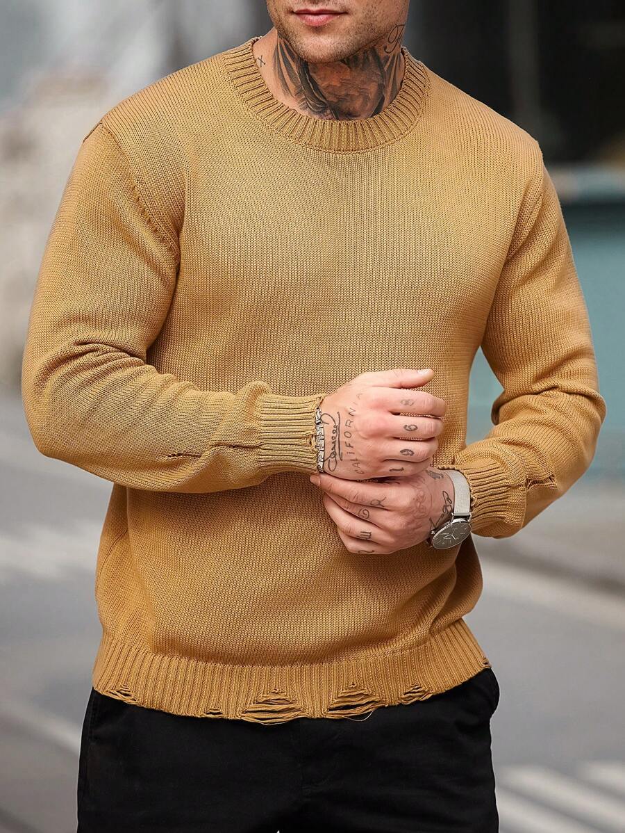 Manfinity Homme Men's Solid Color Crew Neck Long Sleeve Casual Pullover Sweater - Brown - View 1