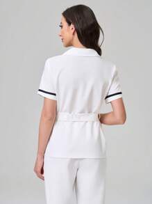 TaskEZ Scrub Uniform Top, Minimalist & Fashion, Casual Everyday Wear - White - View 2