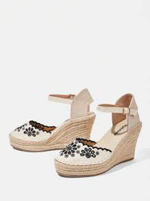 Styleloop Simple Canvas Strap Shoes With Elastic Band, Back Zipper, Faux Leather Perforated Round Toe, White Straw Thick Platform Wedge Sandals For Women