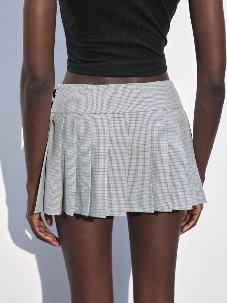 SHEIN Maija Spring & Summer New Gray Plaid Double Waist Belt Elegant Ladies Skirt, Casual Urban Chic Vacation Suitable For Outgoing, Wedding, Holiday, Date Matching Valentine's Day