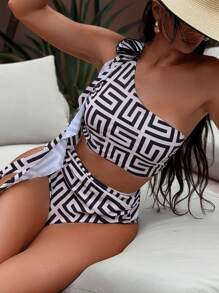 SHEIN Swim 女士度假几何花卉印花装饰时尚两件套比基尼套装，适合夏季海滩 - 彩色 - 查看 3