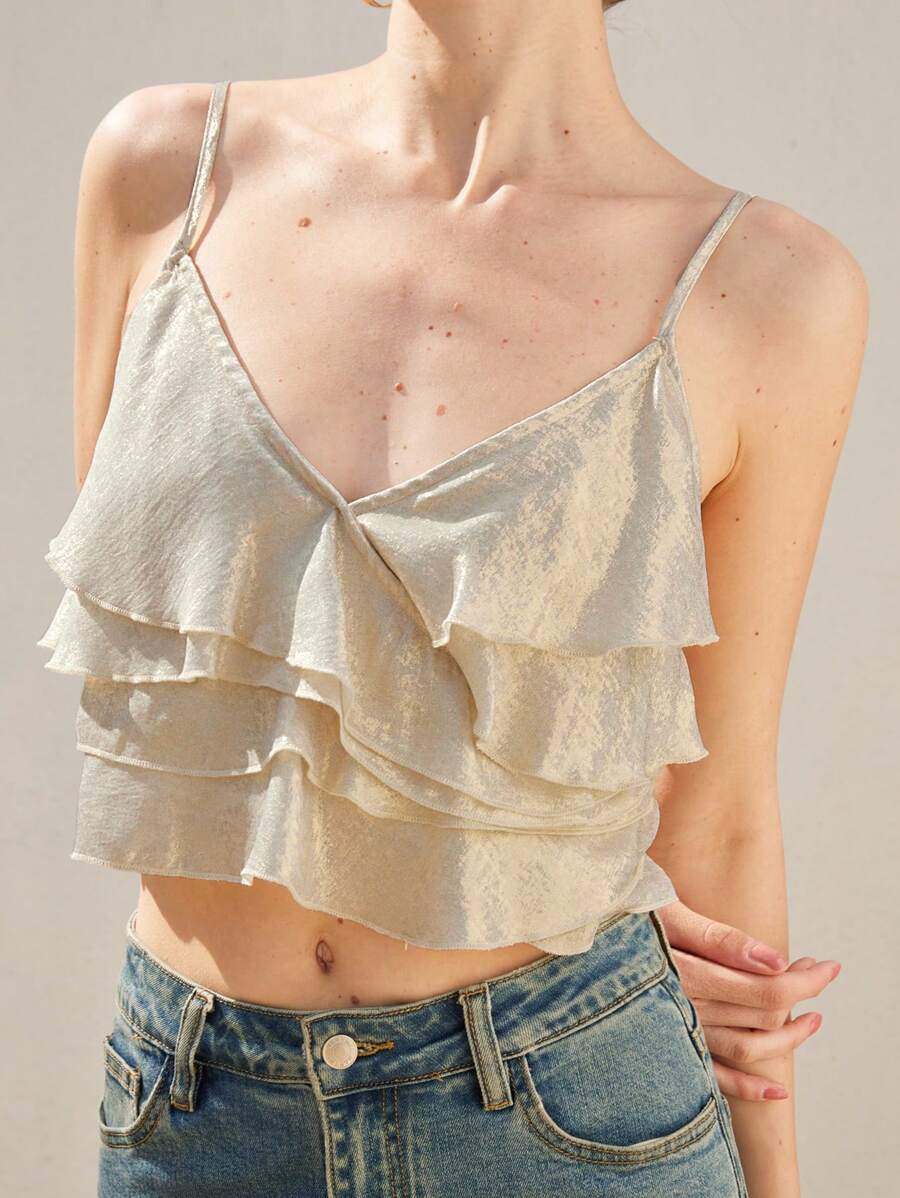 BELROSIE Metallic Satin Fabric Romantic Elegant Luxury Design Layered Ruffle Trim Camisole For Women - Gold - View 1