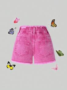 Girls Star Embroidered Distressed Light Pink Denim Shorts - Pink - View 2