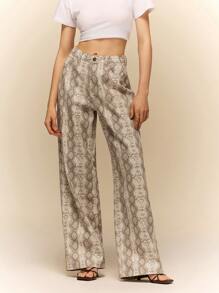 Poéselle 动物印花高腰直筒牛仔裤，休闲蛇纹长款，复古低腰喇叭休闲裤，嬉皮士卡其裤，女士宽松裤 - 彩色 - 查看 5