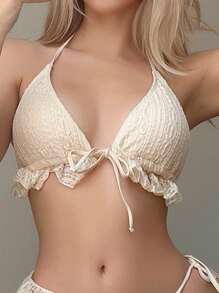 Swim Mod 女士纯色细肩带甜美提花面料荷叶边泳衣上衣 - 米色 - 查看 3