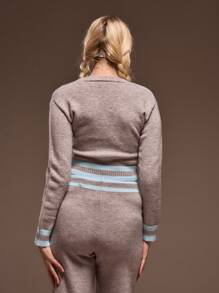 MUSERA Knit Open V-Neck Button Down Contrast Trim Cropped Cardigan Only Spring Summer Cute Airport Chic - Light Grey - View 3