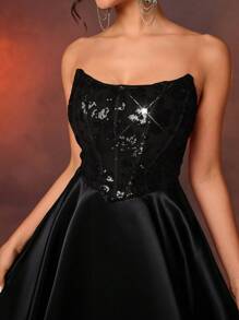 Lovelzi Elegant & Luxurious Forest Skin-Tone Elastic Floral Sequin Patchwork Satin Ballerina Tulle Short Party Dress, Wedding Guest Dress, Suitable For Wedding, Bachelorette, Vacation, Prom (Heavy Embellishment) - Black - View 5