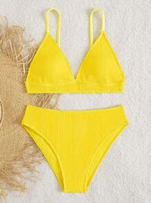 Ensemble de bikini à couleur unie texturé pour jeunes filles - Jaune citron - Voir 5