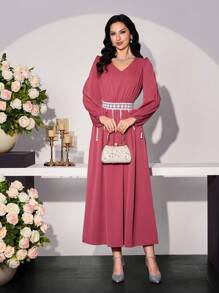 Modelyn Damen langes, elegantes Kleid mit gerüschter Taille, ausgestelltem Rock, für Frühling/Sommer