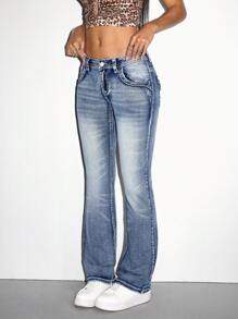 SHEIN PETITE Dam Casual Tvättade Pocket Flare Jeans - Blå - Visa 6