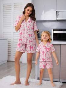 Bộ đồ ngủ tay ngắn cổ ve in nơ cho bé gái, quần short và áo ngủ chống cháy - Bụi hồng - Xem 3