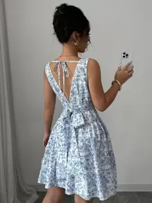 Elenzga Boho Backless Ditsy Floral Bowknot Tie Straps Square Collar Dress, Spring/Summer - Blue - View 2