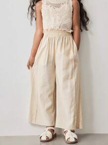 Maija Kids Maija Kids Young Girl's All-Match Loose Wide Leg Pants With Ruffle Waist, Simple Design, Fashion Casual Wear, Khaki Color, Spring/Summer