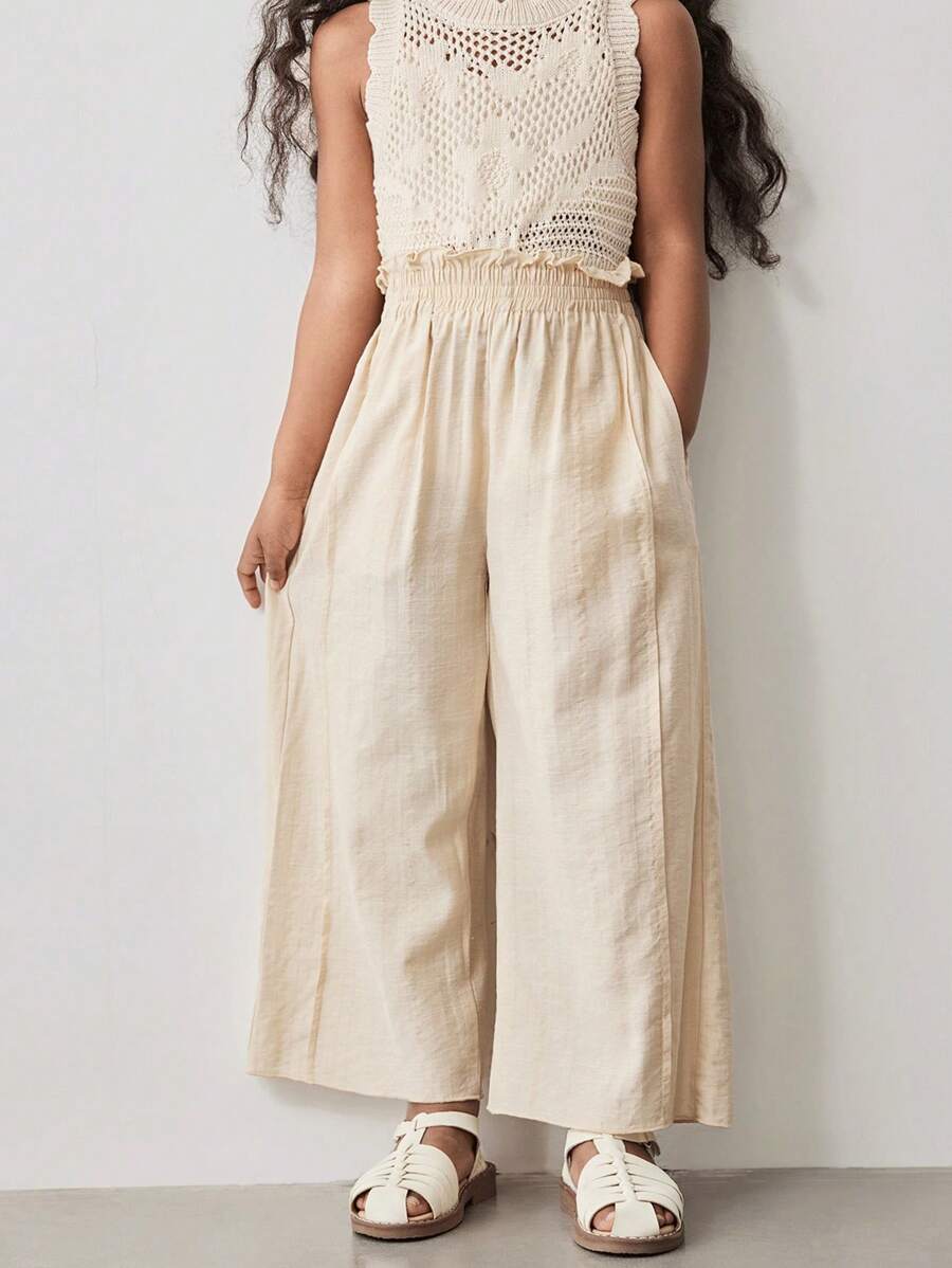 Maija Kids Maija Kids Young Girl's All-Match Loose Wide Leg Pants With Ruffle Waist, Simple Design, Fashion Casual Wear, Khaki Color, Spring/Summer