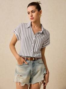 Poéselle Striped Batwing Sleeve Shirt Summer Clothes - Multicolor - View 1
