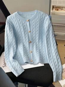 EMERY ROSE 女式粗针织图案长袖单排扣开衫，秋冬款 - 藍色 - 查看 7