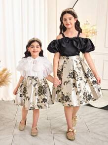 SHEIN Leap Crew Conjunto de 2 piezas para niñas preadolescentes con top sin mangas con hombros descubiertos con gran lazo decorativo y falda plisada con elegante estampado floral jacquard negro y dorado, vestido de niña de las flores, apto para fiesta, vuelta al colegio, elegante y estilo francés princesa - Negro - Ver 1