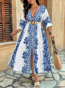 Breezaya Vestido de vacaciones de línea A con cuello en V profundo, manga 3/4 y bajo con abertura, estampado colocado, talla grande